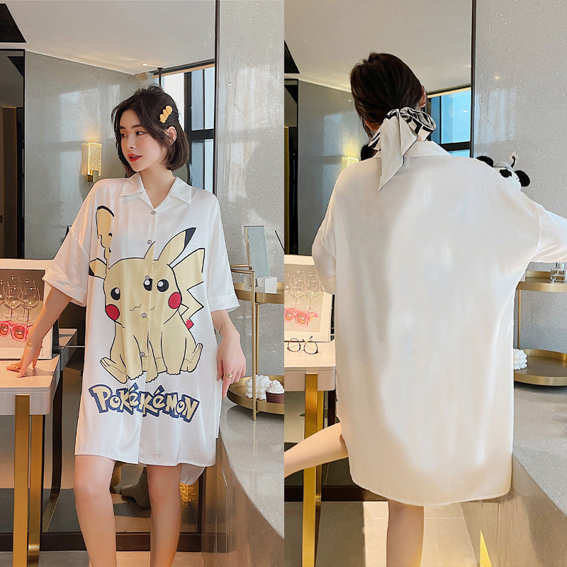 Summer New Ice Silk Nightdress  Silk Shirt Skirt Pajamas Home Service