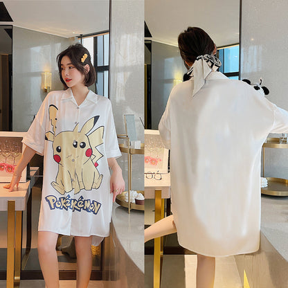 Summer New Ice Silk Nightdress  Silk Shirt Skirt Pajamas Home Service