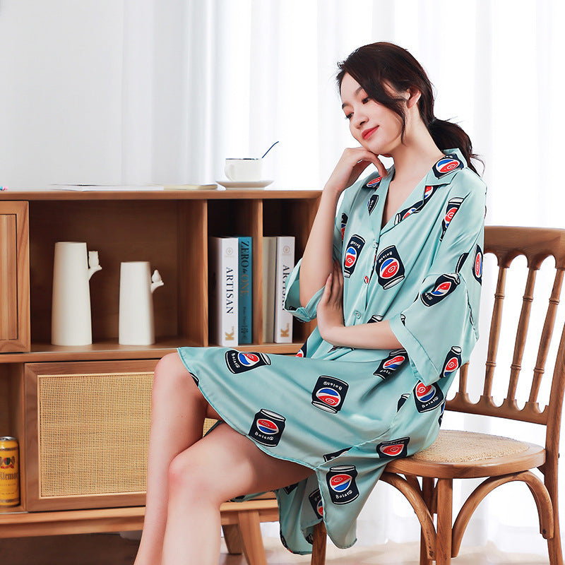 Summer New Ice Silk Nightdress  Silk Shirt Skirt Pajamas Home Service