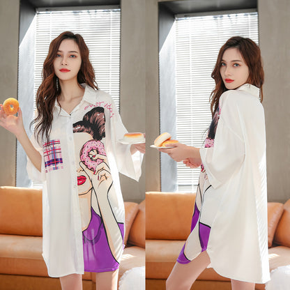Summer New Ice Silk Nightdress  Silk Shirt Skirt Pajamas Home Service