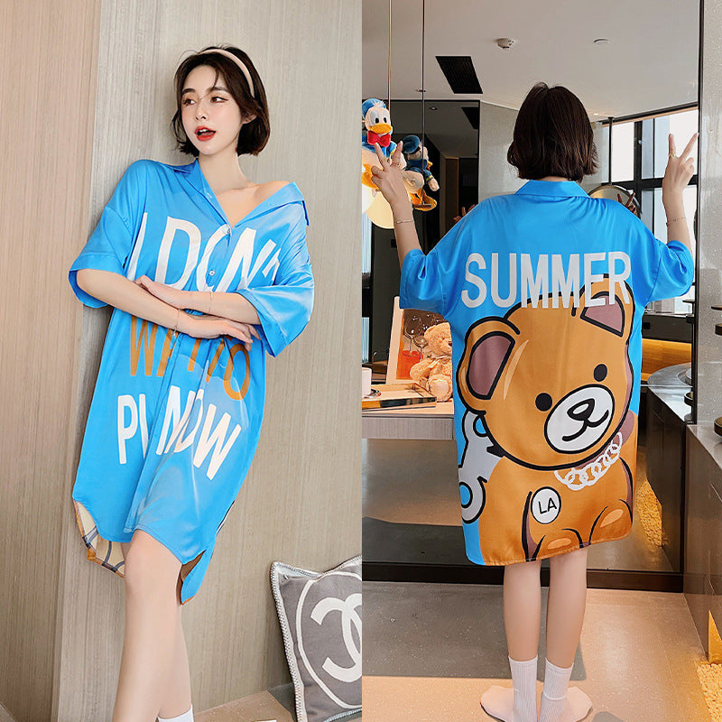 Summer New Ice Silk Nightdress  Silk Shirt Skirt Pajamas Home Service