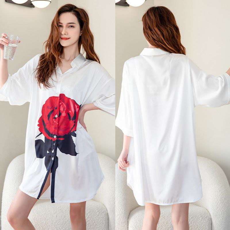 Summer New Ice Silk Nightdress  Silk Shirt Skirt Pajamas Home Service