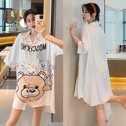 Summer New Ice Silk Nightdress  Silk Shirt Skirt Pajamas Home Service