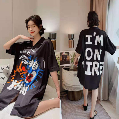 Summer New Ice Silk Nightdress  Silk Shirt Skirt Pajamas Home Service