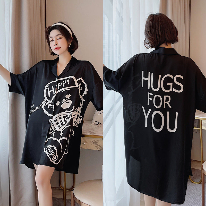 Summer New Ice Silk Nightdress  Silk Shirt Skirt Pajamas Home Service