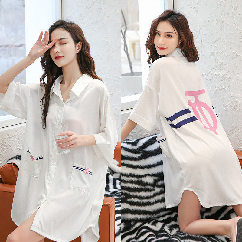 Summer New Ice Silk Nightdress  Silk Shirt Skirt Pajamas Home Service