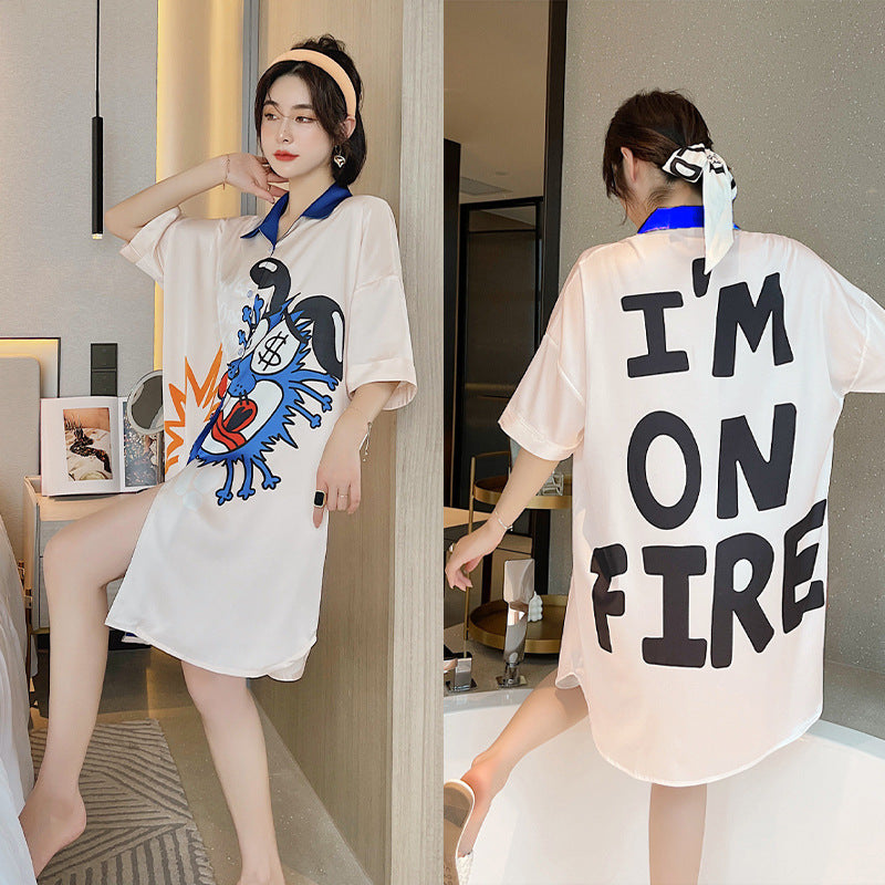 Summer New Ice Silk Nightdress  Silk Shirt Skirt Pajamas Home Service
