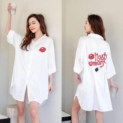Summer New Ice Silk Nightdress  Silk Shirt Skirt Pajamas Home Service