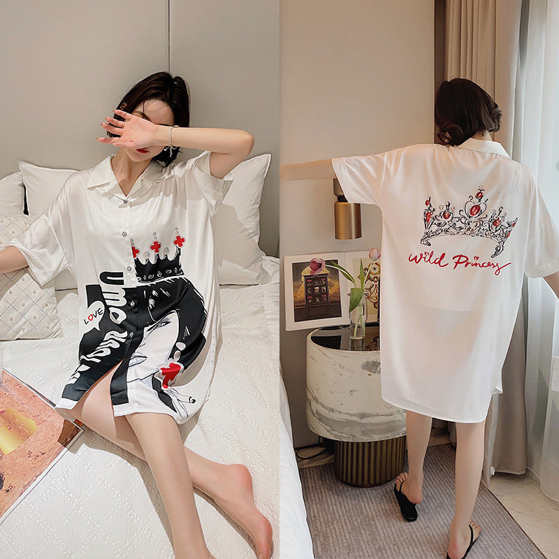 Summer New Ice Silk Nightdress  Silk Shirt Skirt Pajamas Home Service