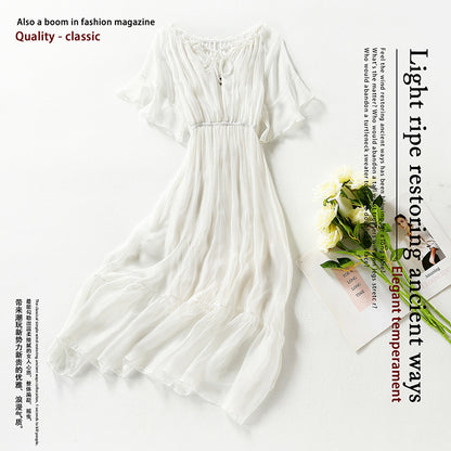 Lace-up Stitching Solid Color Short-sleeved Silk Dress