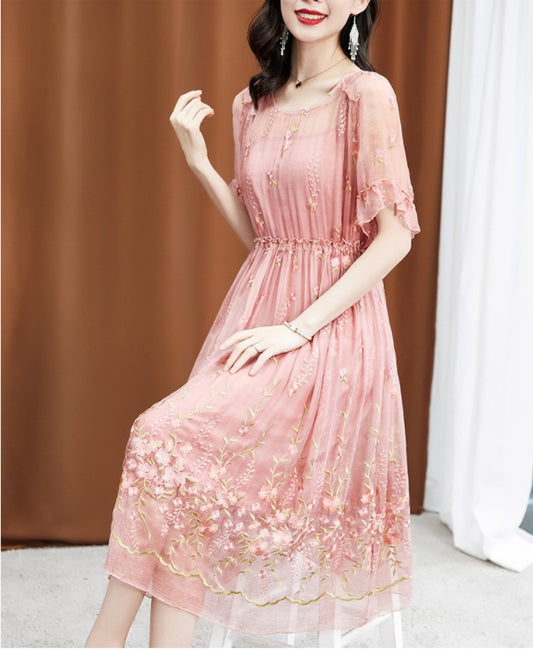 Female High-End Ladies Gentle Temperament  Embroidered  Silk Brand Silk Dress