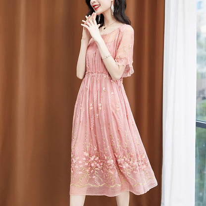 Female High-End Ladies Gentle Temperament  Embroidered  Silk Brand Silk Dress