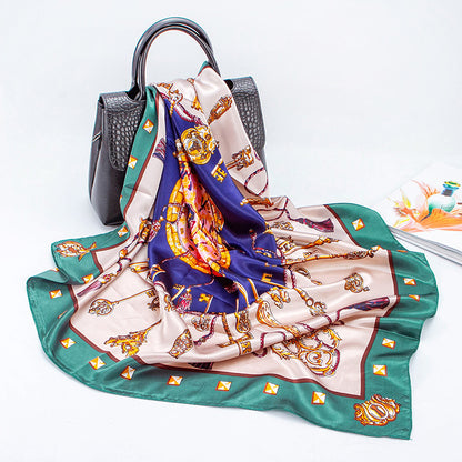 Faux Silk Satin Key Print Square Scarf