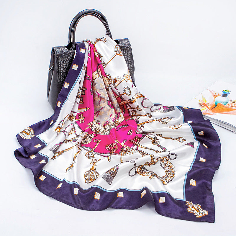 Faux Silk Satin Key Print Square Scarf