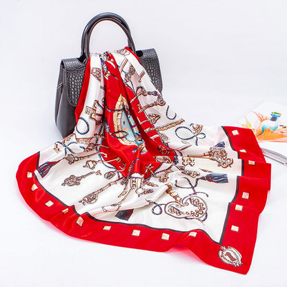 Faux Silk Satin Key Print Square Scarf