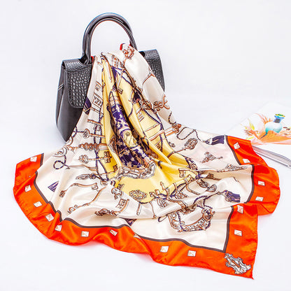 Faux Silk Satin Key Print Square Scarf