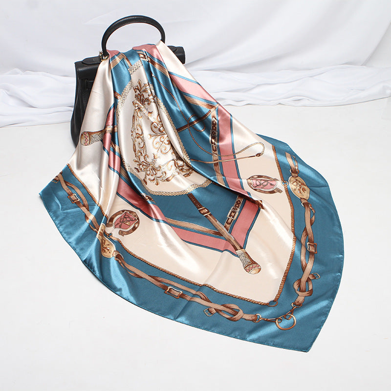 Imitation Silk Scarf Female Vine Flower Blue Print