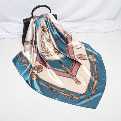 Imitation Silk Scarf Female Vine Flower Blue Print