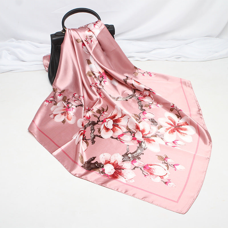 Imitation Silk Scarf Female Vine Flower Blue Print