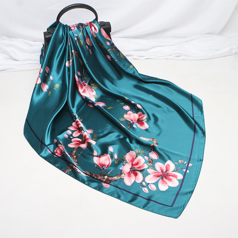 Imitation Silk Scarf Female Vine Flower Blue Print