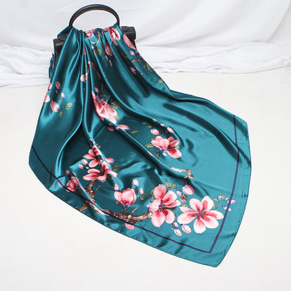 Imitation Silk Scarf Female Vine Flower Blue Print
