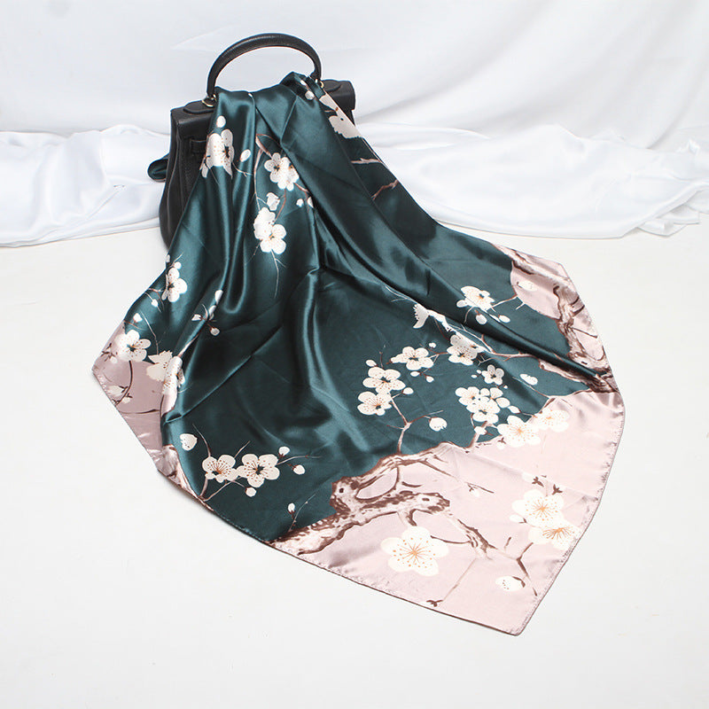 Imitation Silk Scarf Female Vine Flower Blue Print