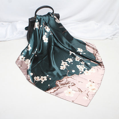 Imitation Silk Scarf Female Vine Flower Blue Print