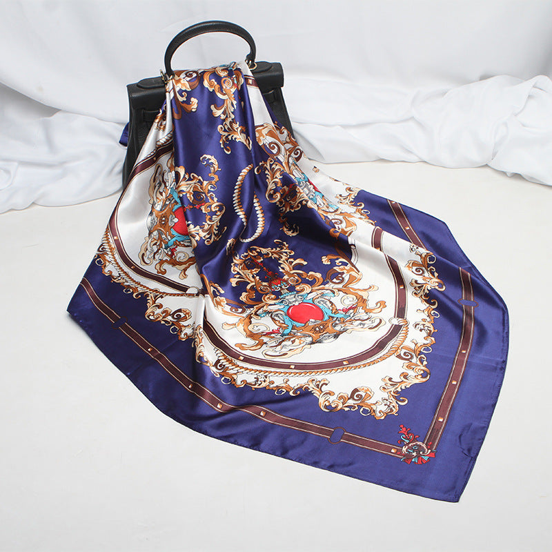 Imitation Silk Scarf Female Vine Flower Blue Print
