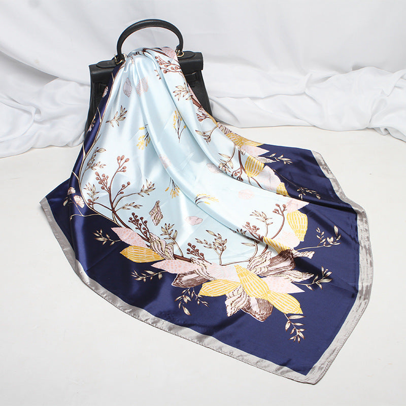 Imitation Silk Scarf Female Vine Flower Blue Print