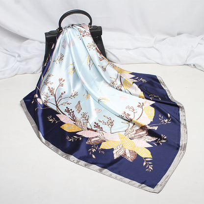 Imitation Silk Scarf Female Vine Flower Blue Print