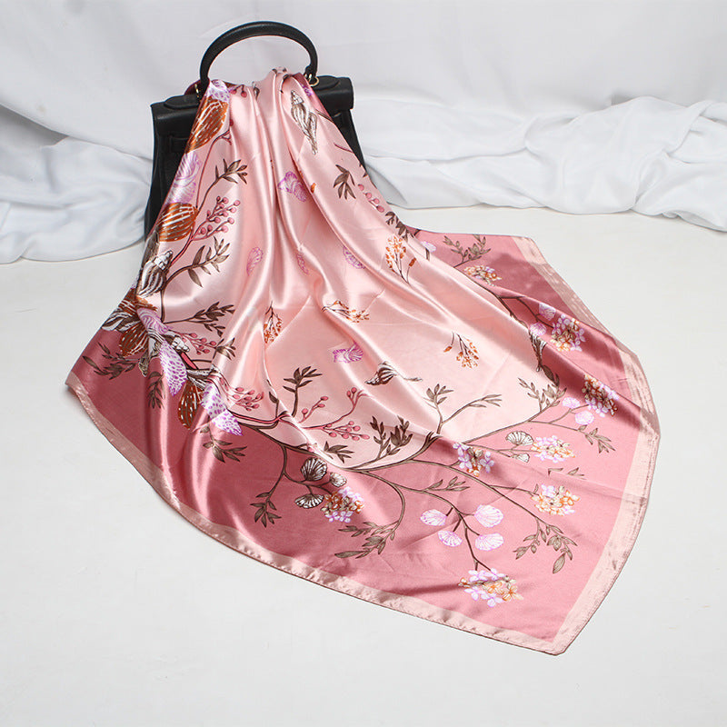 Imitation Silk Scarf Female Vine Flower Blue Print