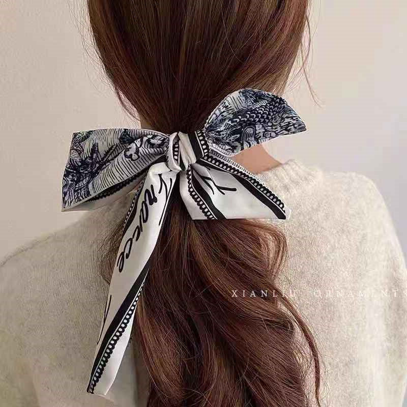 Korean Version Silk Scarf Headband Fairy Hair Binding Forest Bow Headband French Retro Ribbon Headband Imitation Silk Hair Ornament