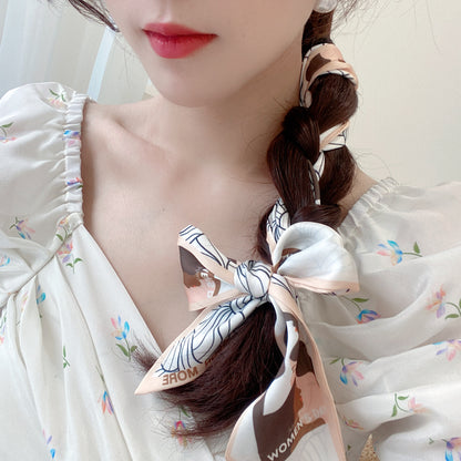 Korean Version Silk Scarf Headband Fairy Hair Binding Forest Bow Headband French Retro Ribbon Headband Imitation Silk Hair Ornament