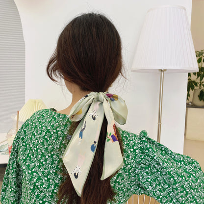 Korean Version Silk Scarf Headband Fairy Hair Binding Forest Bow Headband French Retro Ribbon Headband Imitation Silk Hair Ornament