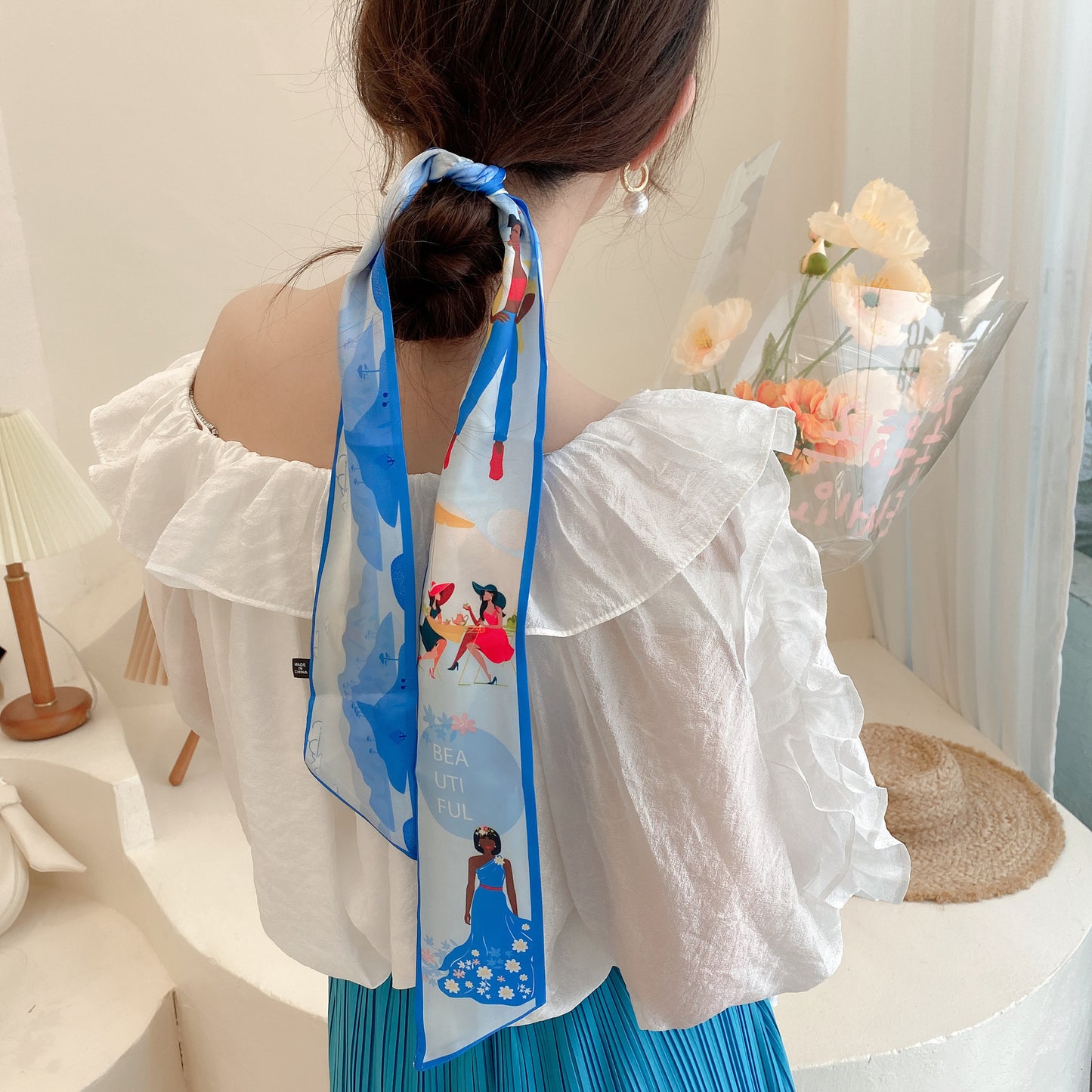Korean Version Silk Scarf Headband Fairy Hair Binding Forest Bow Headband French Retro Ribbon Headband Imitation Silk Hair Ornament