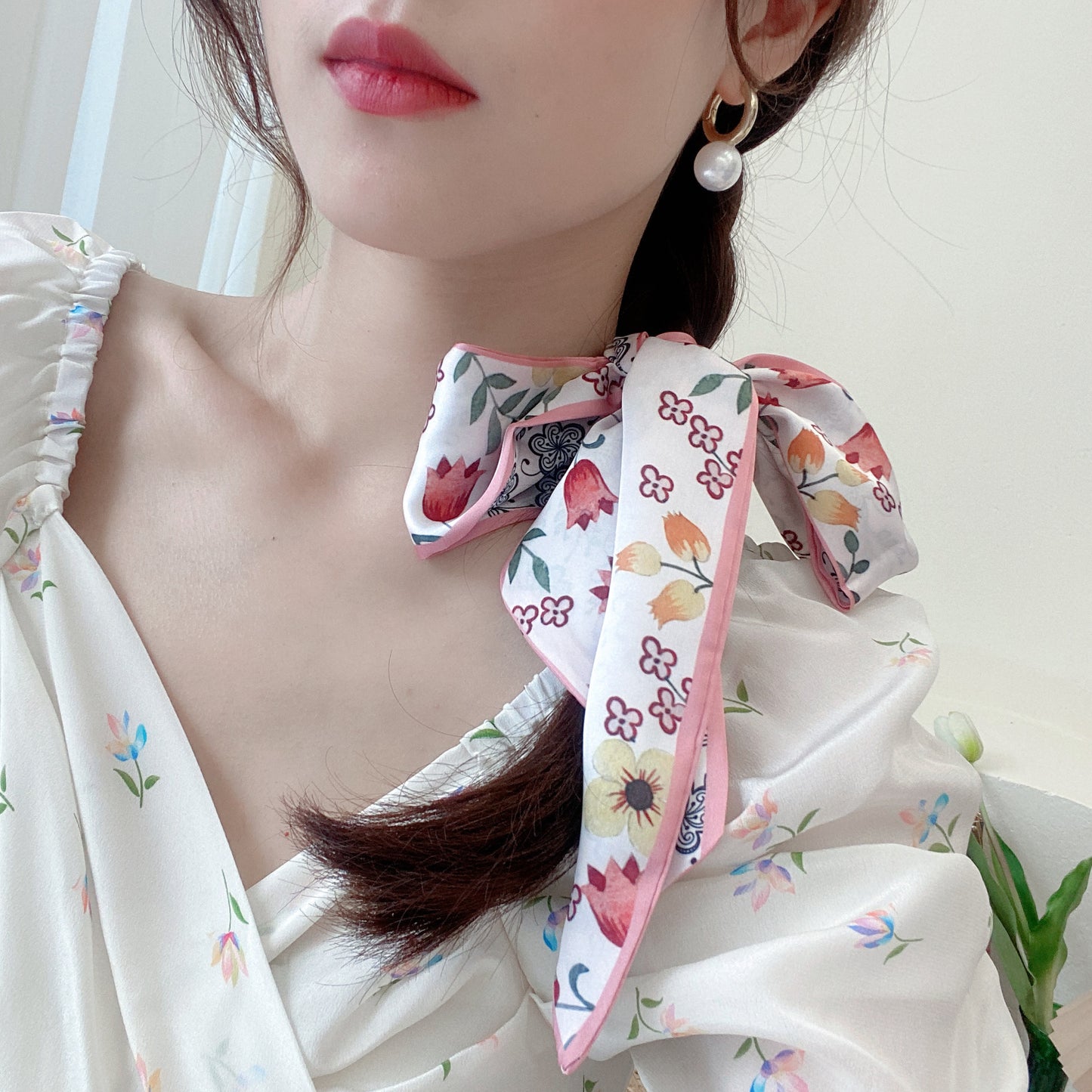 Korean Version Silk Scarf Headband Fairy Hair Binding Forest Bow Headband French Retro Ribbon Headband Imitation Silk Hair Ornament