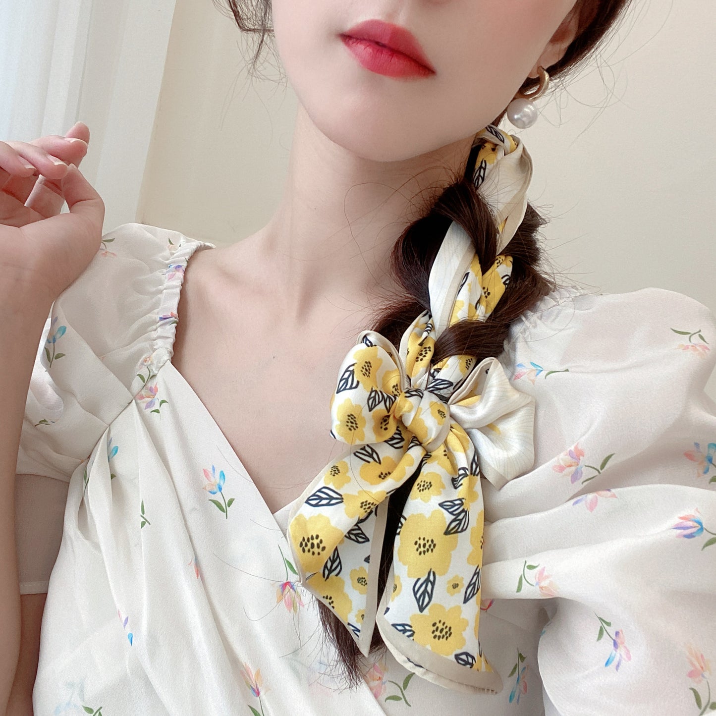 Korean Version Silk Scarf Headband Fairy Hair Binding Forest Bow Headband French Retro Ribbon Headband Imitation Silk Hair Ornament