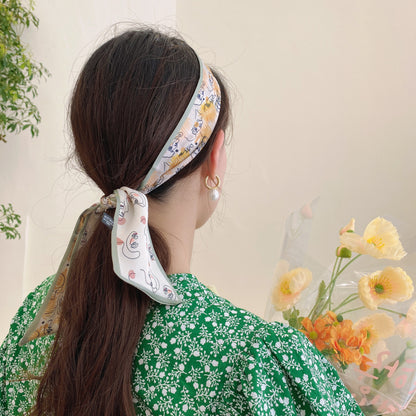 Korean Version Silk Scarf Headband Fairy Hair Binding Forest Bow Headband French Retro Ribbon Headband Imitation Silk Hair Ornament