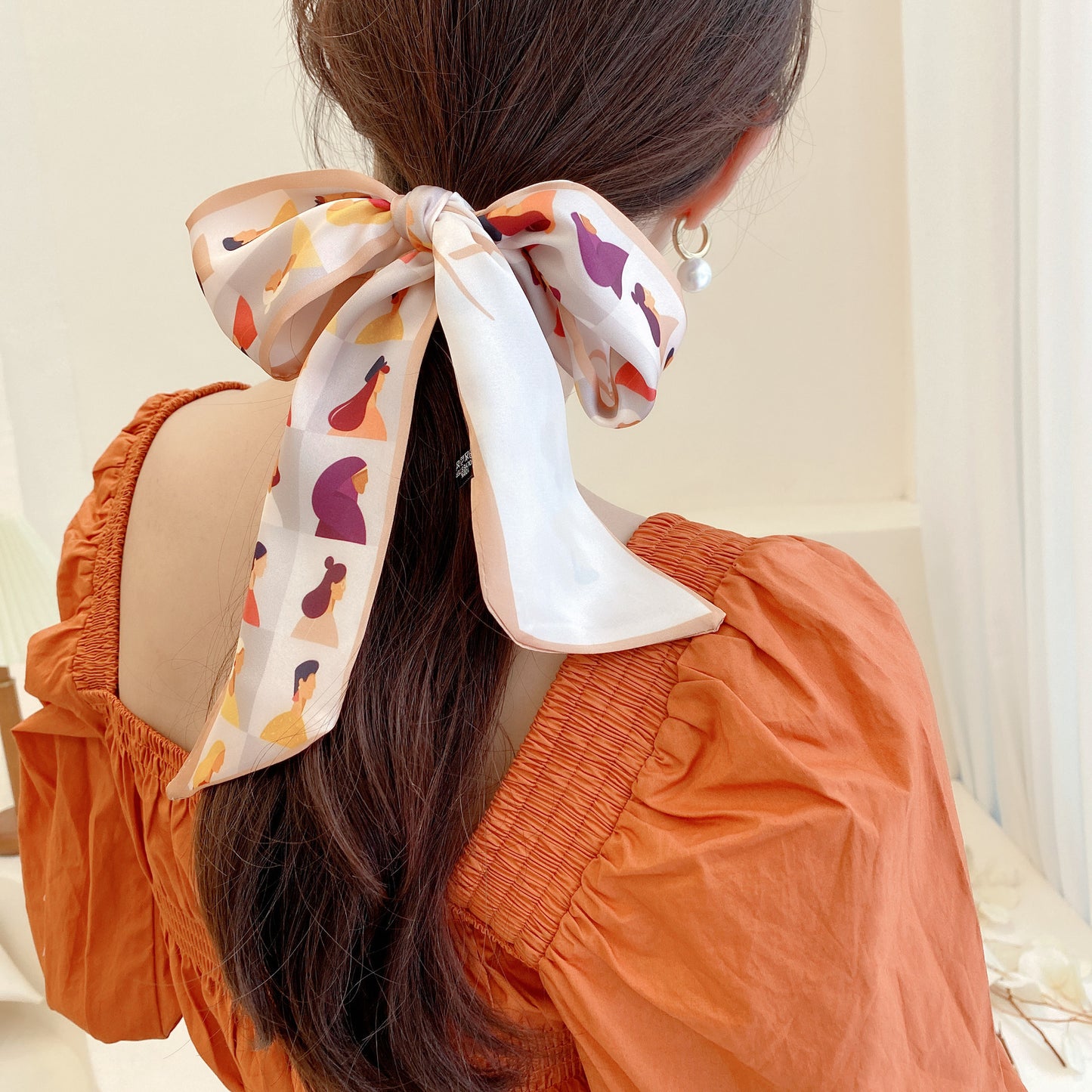 Korean Version Silk Scarf Headband Fairy Hair Binding Forest Bow Headband French Retro Ribbon Headband Imitation Silk Hair Ornament