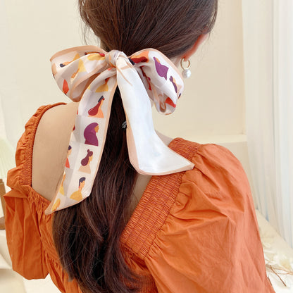 Korean Version Silk Scarf Headband Fairy Hair Binding Forest Bow Headband French Retro Ribbon Headband Imitation Silk Hair Ornament