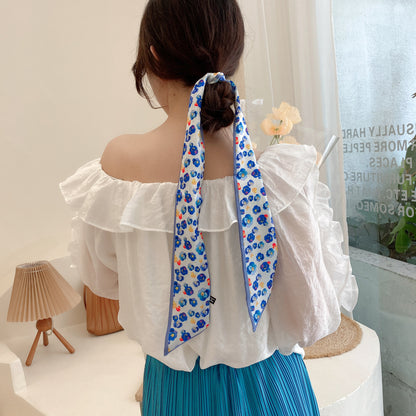 Korean Version Silk Scarf Headband Fairy Hair Binding Forest Bow Headband French Retro Ribbon Headband Imitation Silk Hair Ornament