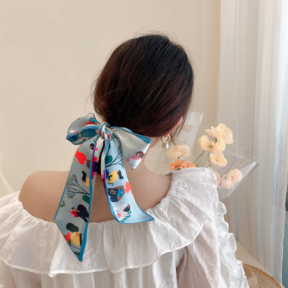 Korean Version Silk Scarf Headband Fairy Hair Binding Forest Bow Headband French Retro Ribbon Headband Imitation Silk Hair Ornament