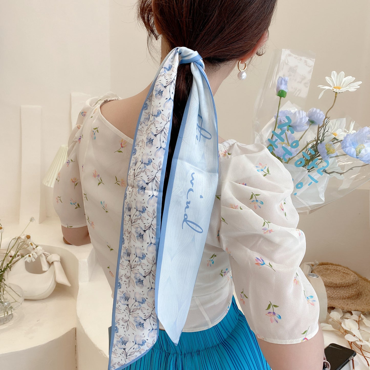Korean Version Silk Scarf Headband Fairy Hair Binding Forest Bow Headband French Retro Ribbon Headband Imitation Silk Hair Ornament