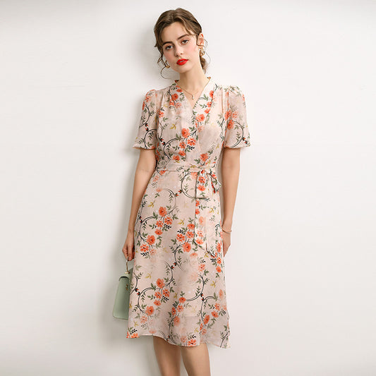 Silk Dress Summer New French V-neck Lace Up Style Waist Fairy Print Silk A-line Skirt