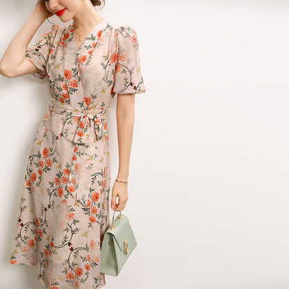 Silk Dress Summer New French V-neck Lace Up Style Waist Fairy Print Silk A-line Skirt