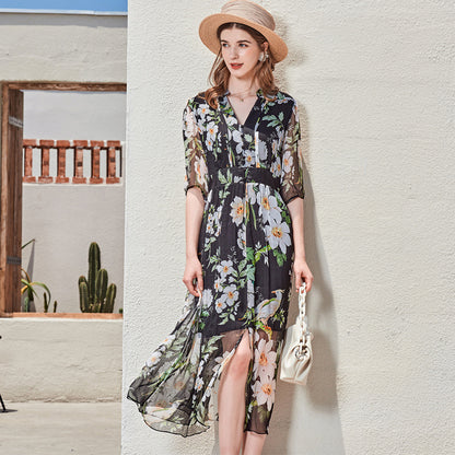 Dress Temperament V-neck Slim Silk Skirt
