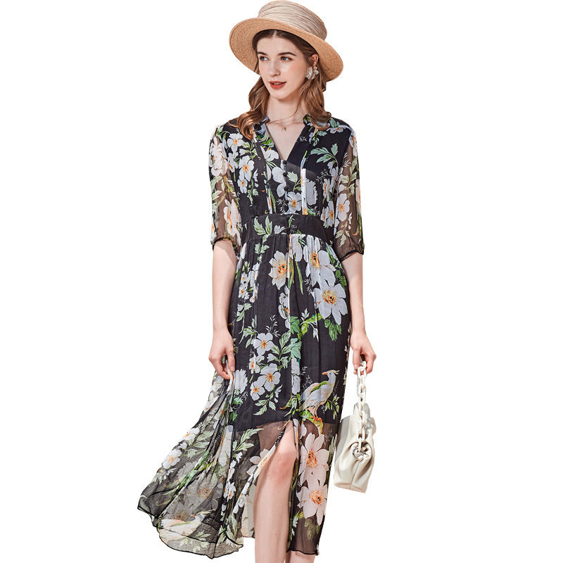 Dress Temperament V-neck Slim Silk Skirt