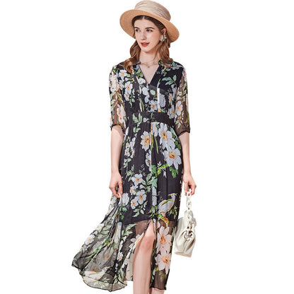 Dress Temperament V-neck Slim Silk Skirt