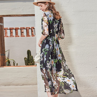 Dress Temperament V-neck Slim Silk Skirt