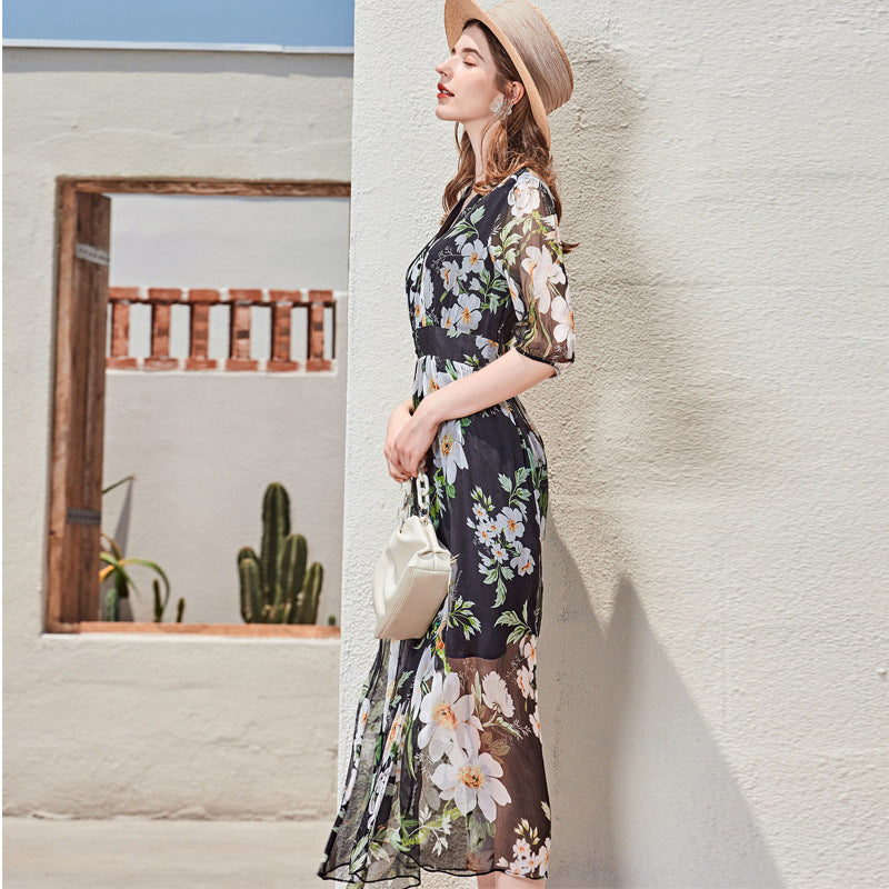 Dress Temperament V-neck Slim Silk Skirt